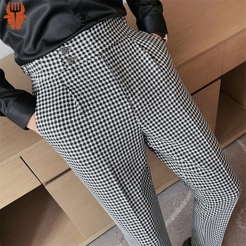 

Korean High Waist Business Dress Men's Suit Pants Houndstooth Office Social Suit Pant Wedding Groom Casual Trousers Man Clothing