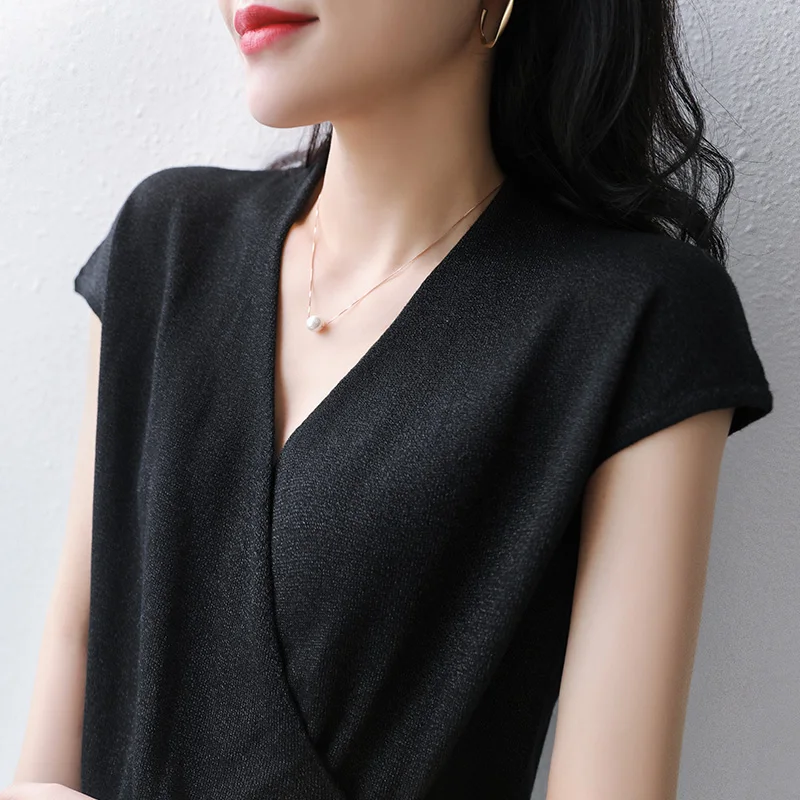 

2021 Spring and Autumn New Wrapped Chest V-neck T-shirt Knitwear Pure Color Short Sleeve Bottoming Shirt