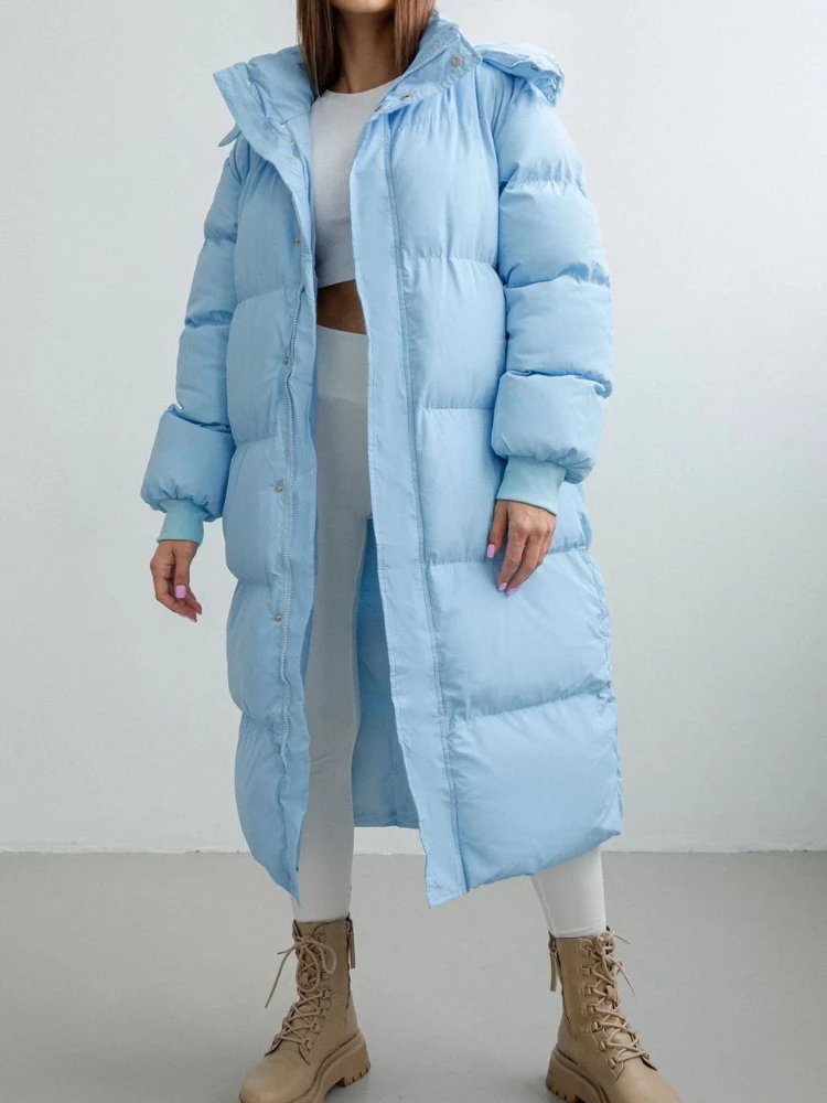 Fashion Warm Thick Solid Hooded Parkas Long Puffer Coats for Women 2022 Winter Casual Zip-up Ladies Cotton Padded Black Outwear