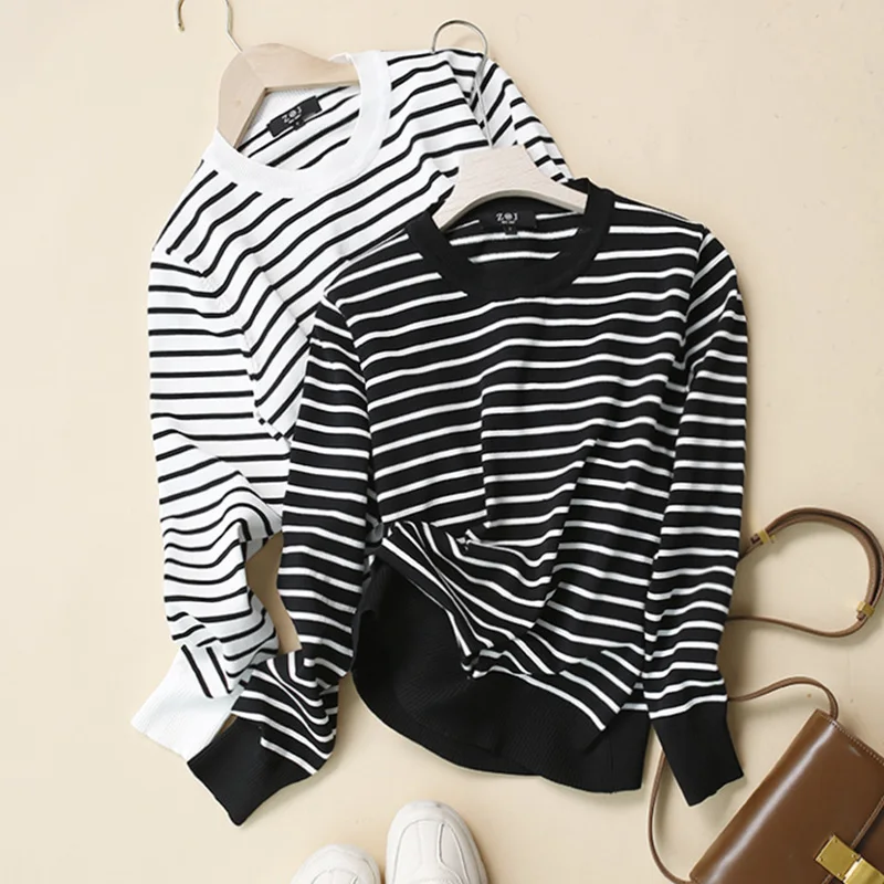 

Повседневная трикотажная Женская Весенняя свободная одежда в полоску с круглым вырезом для девочек модная уличная одежда свитшоты