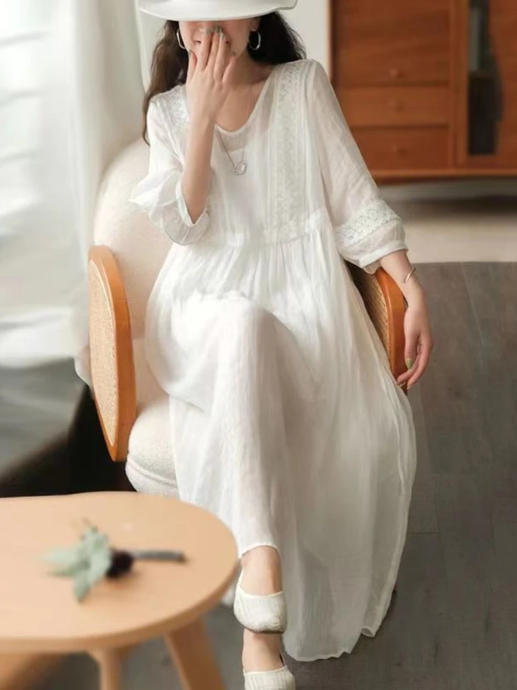 

Женское однотонное длинное платье с пышными рукавами, винтажное свободное повседневное модное платье-трапеция с широким подолом в стиле оверсайз, уличная одежда на осень