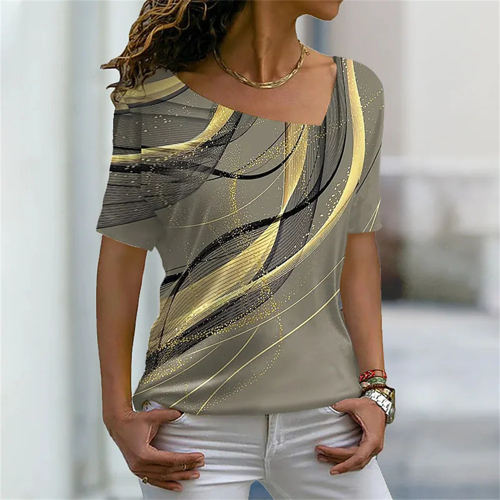 

Women's 3D Flower Pattern T-shirt Irregular V-neck Design Y2k Fashion Trend Summer Short Sleeve Sexy Neckline Tshirts 2023