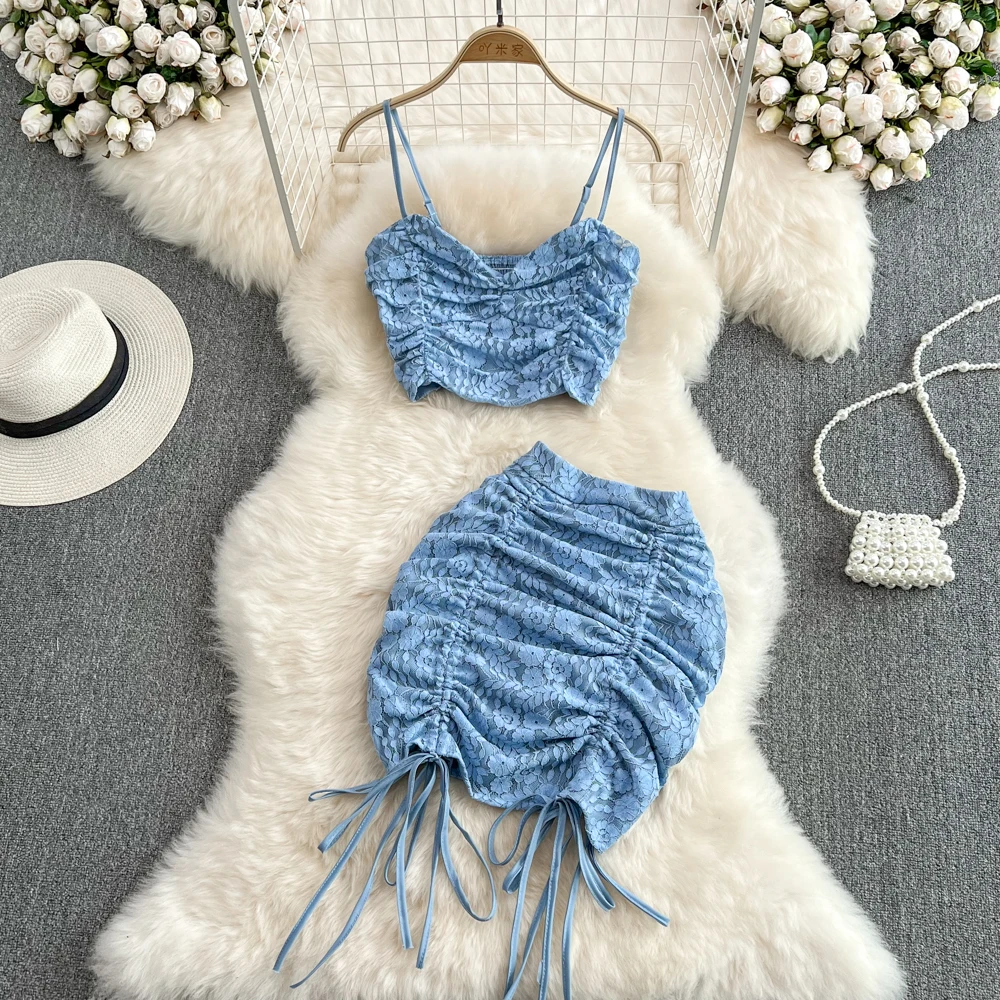 

Summer Sexy Strap Tops Mini Skirts Suit for Women Lace Elegant Fashion Party Solid Outfits Female Chic Vintage Slim Clothes New