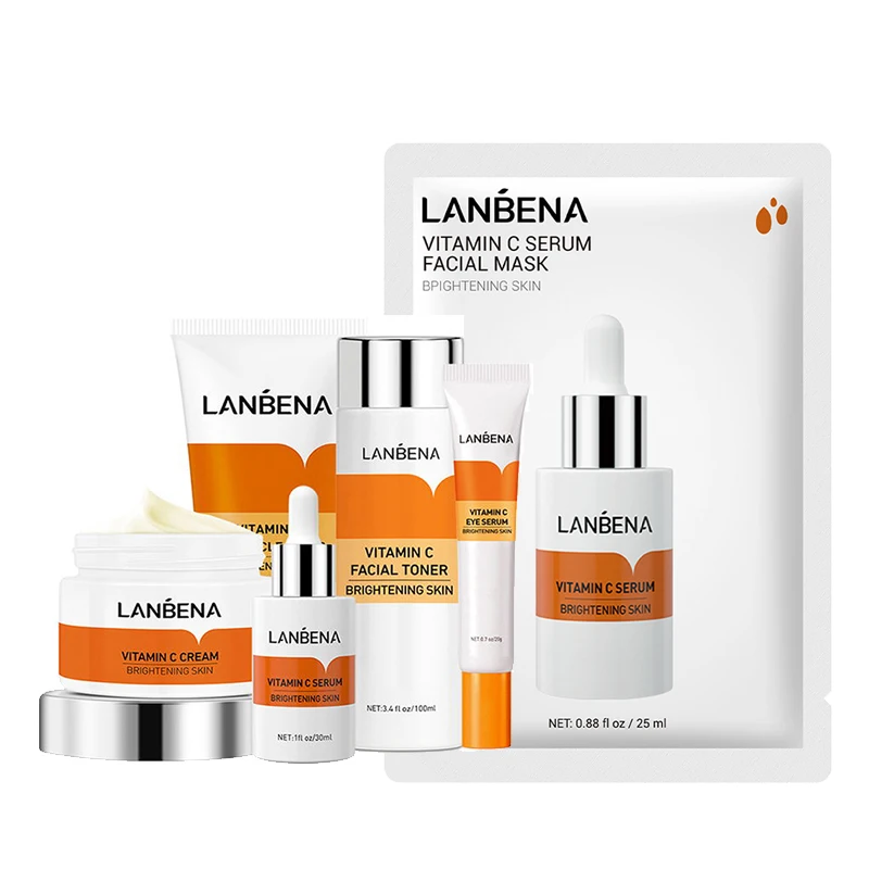 

LANBENA Vitamin C Whitening Face Care Set Serum Facial Cream Eye Serum Toner VC Essence Cleanser Freckle Whitening SkinCare 6PCS