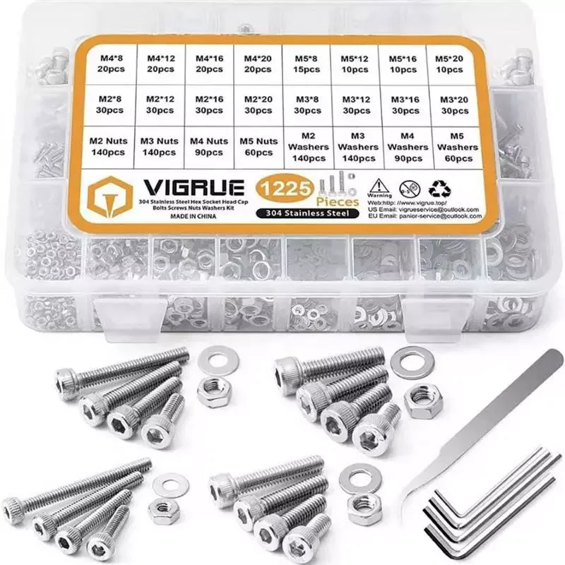 

Hex Socket Head Cap Screws Kit M2 M3 M4 M5 Stainless Steel Bolts Nuts Lock Flat Washers Assortment With Allen Wrench