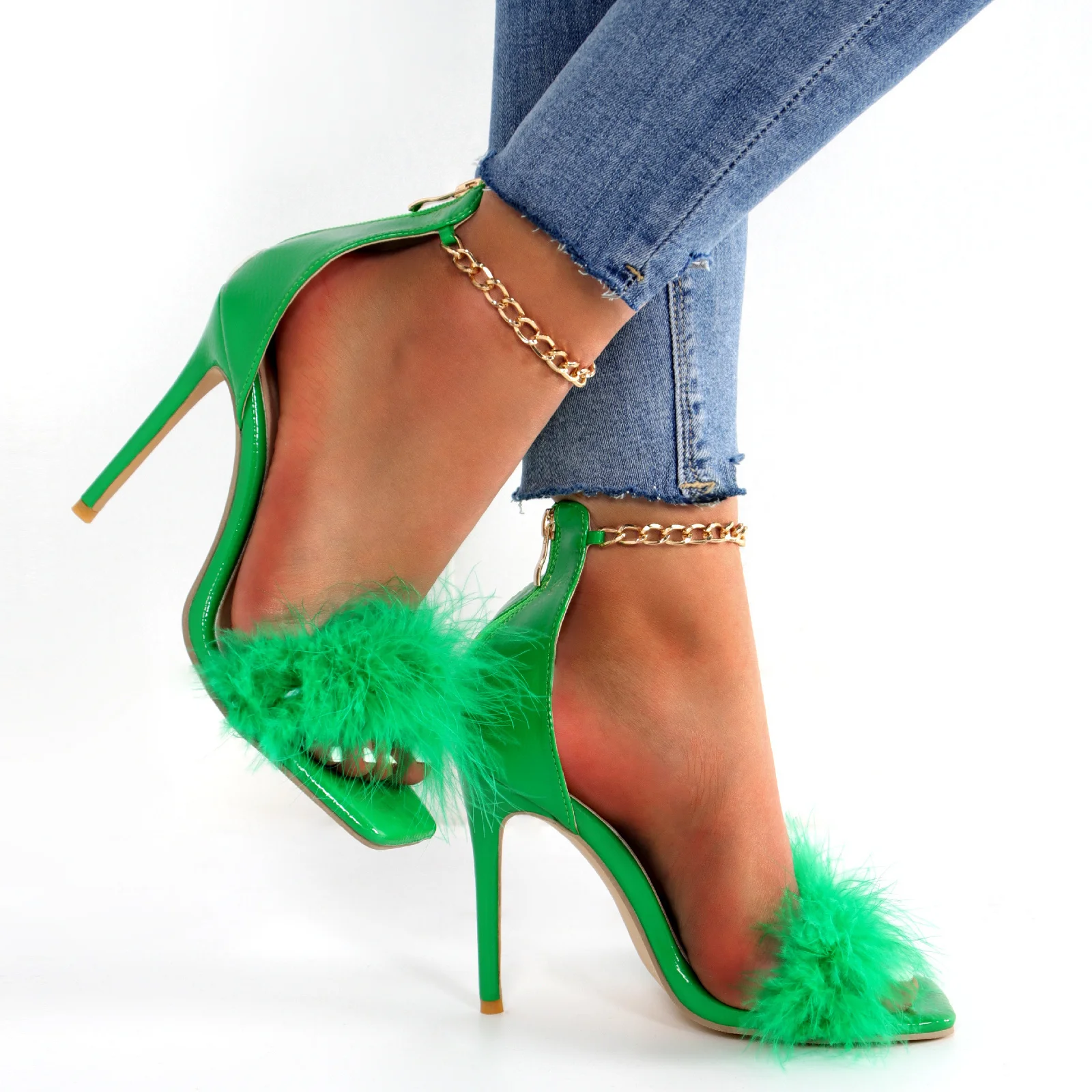 

Shoes For Women Sexy High Heels Pointed Toe Sandals Design Luxury Fur Chain Party Shoes Female Big Size 43 Sandals