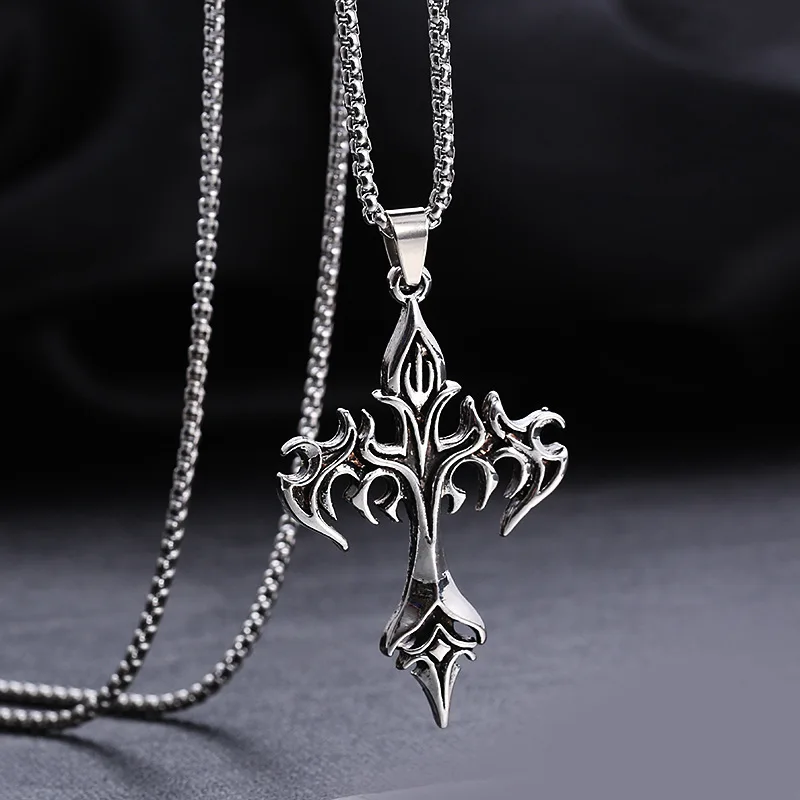 

Vintage Flame Cross Pendant Necklace For Women Men Long Chain Punk Goth Gothic Choker Jewelry Gift