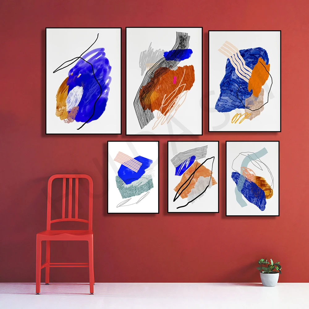 Яркая голубая и оранжевая линия с печатью абстрактная настенная Художественная