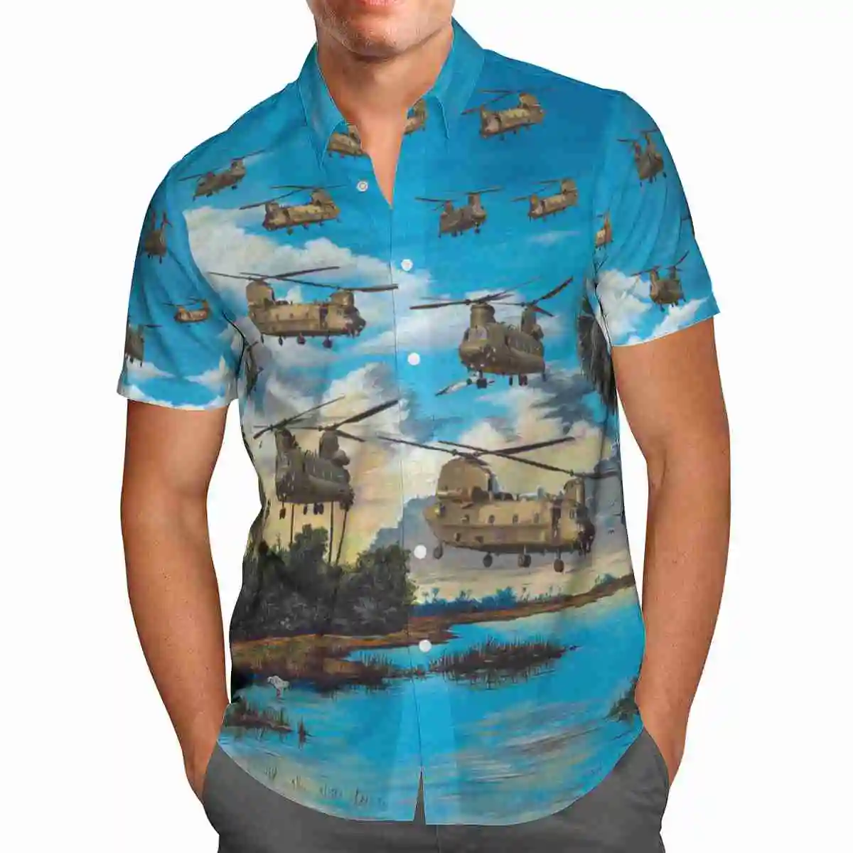 Summer Printed Hawaiian Cufflinks Short Sleeve Men's Luxury Shirt Social Plant Male Fashion Airplane Slim Fit Masculina Clothing