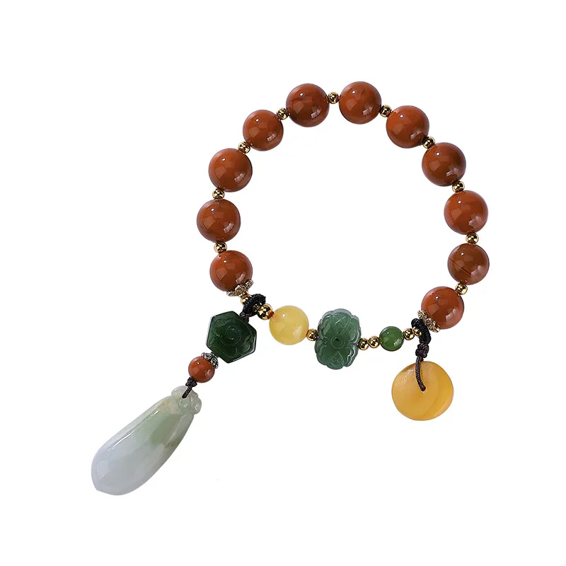 

S925 Sterling Silver Beeswax Nan Hong Agate Emerald Hotan Jasper Turbo Hand String Vintage Women's Bracelet