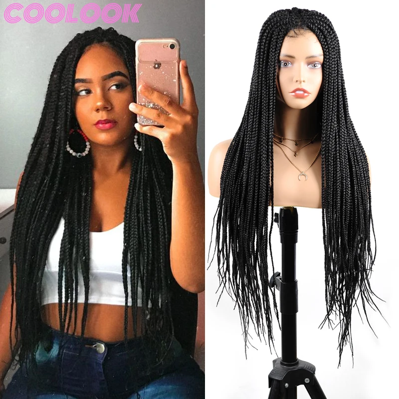 30 Inch Box Braided Lace Front Wig Synthetic Box Braids Lace Wig with Baby Hairs Long Braid Lace Frontal Wigs for Black Women