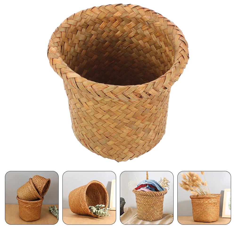 

Round Baskets Elegant Woven Trash Can Storage Bin Waste Office Straw Natural Small Bathroom Pastoral Style Garbage