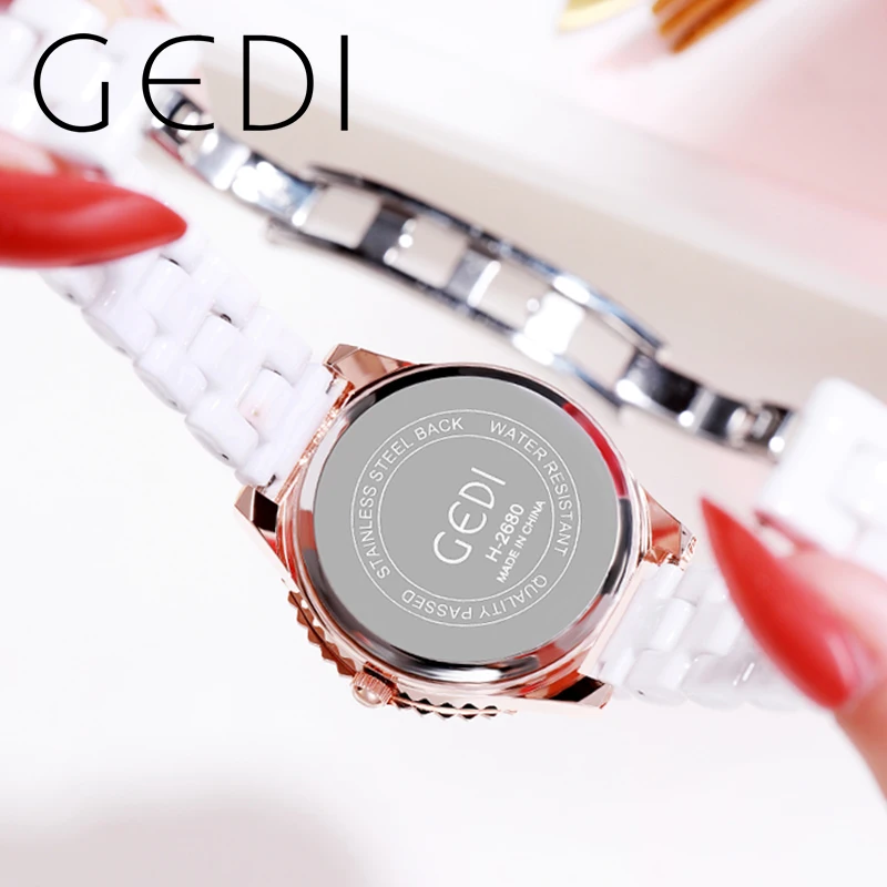 GEDI Luxury White Ceramic Women Watch Full Diamond Woman Fashion Watch 30m Waterproof Quartz Female Wristwatch Dropshipping 2023