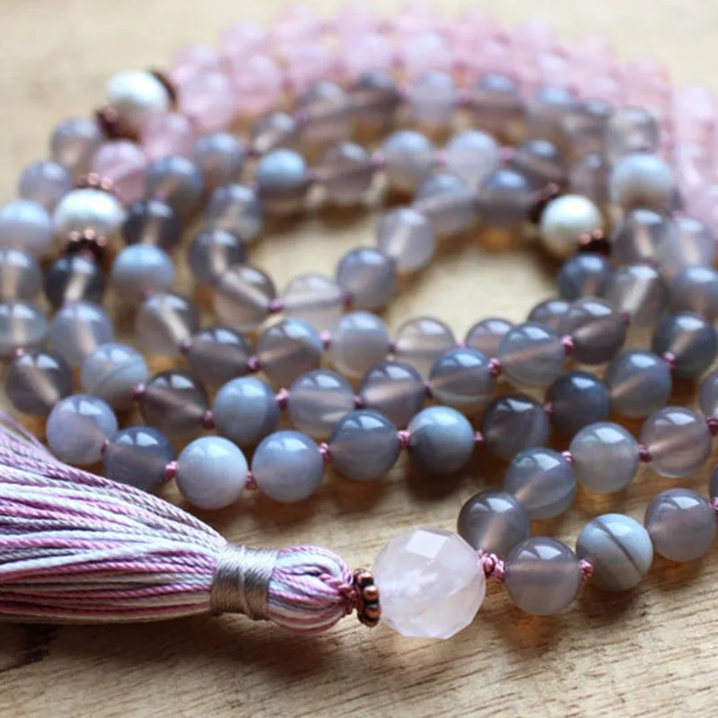 8 мм розовый Q-uartz серый A-gate Mala 108 медитационные бусины ожерелья для женщин