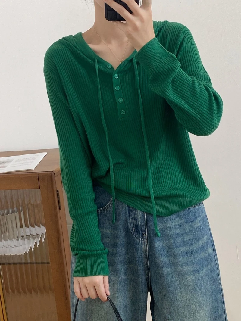 

Spring Autumn Fashion Elegant Loose Solid Color Long Sleeve Hooded Knitted Pullovers Sweater Women Lady Chic Casual Knitwear