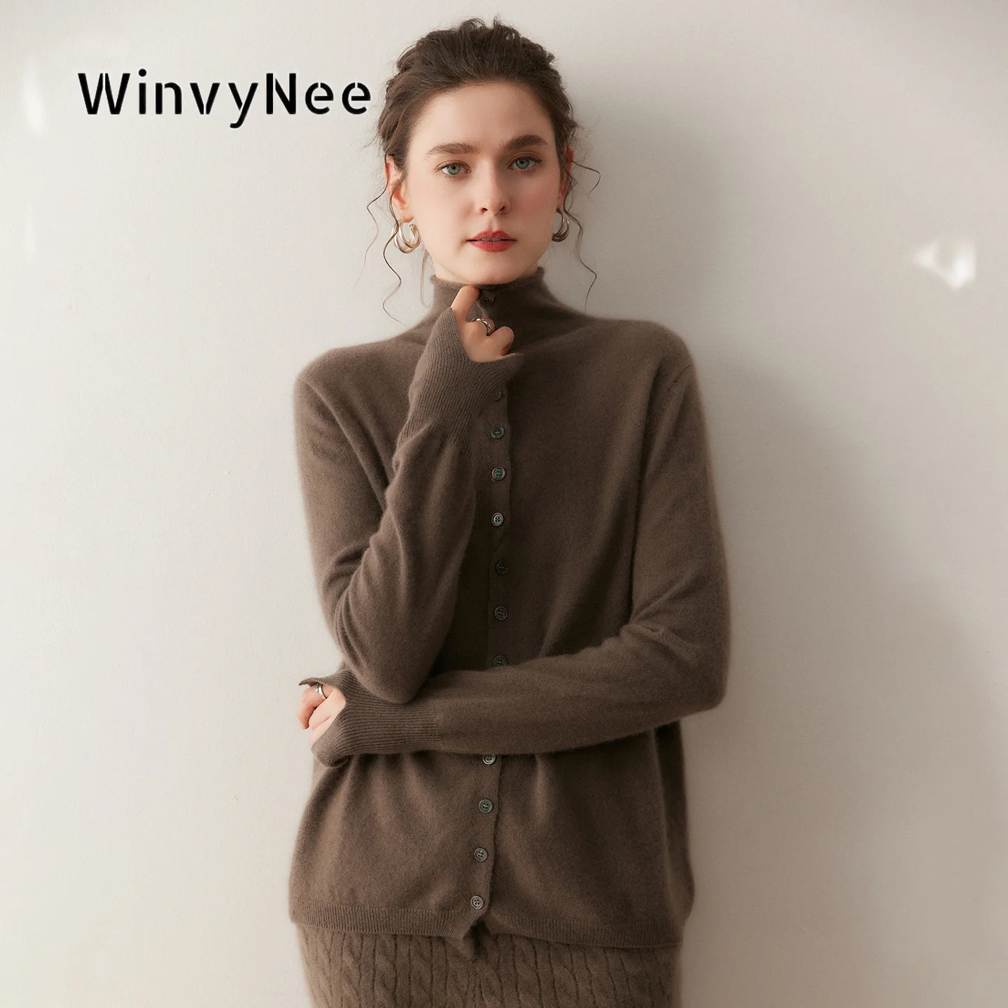 Фото Женский кардиган WinvyNee из тонкой шерсти на пуговицах, теплый, мягкий, шелковистый, свободного кроя, минималистичный, элегантный, для холодной погоды, на каждый день B1654018 №3