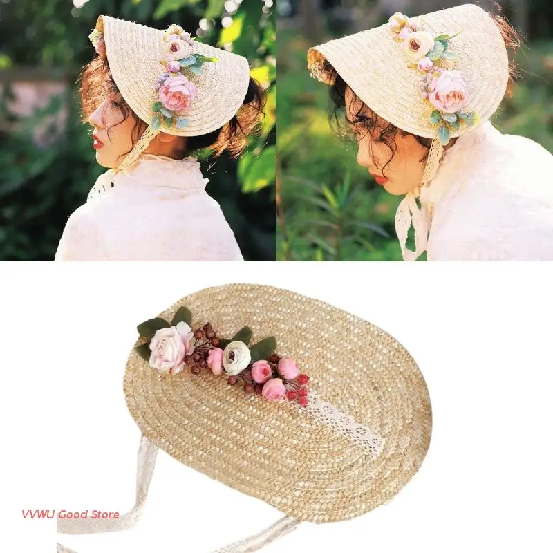 

Lolita Women's Flat-topped Sunshade Flower Flat Hat Handmade Sun Hat for Summer
