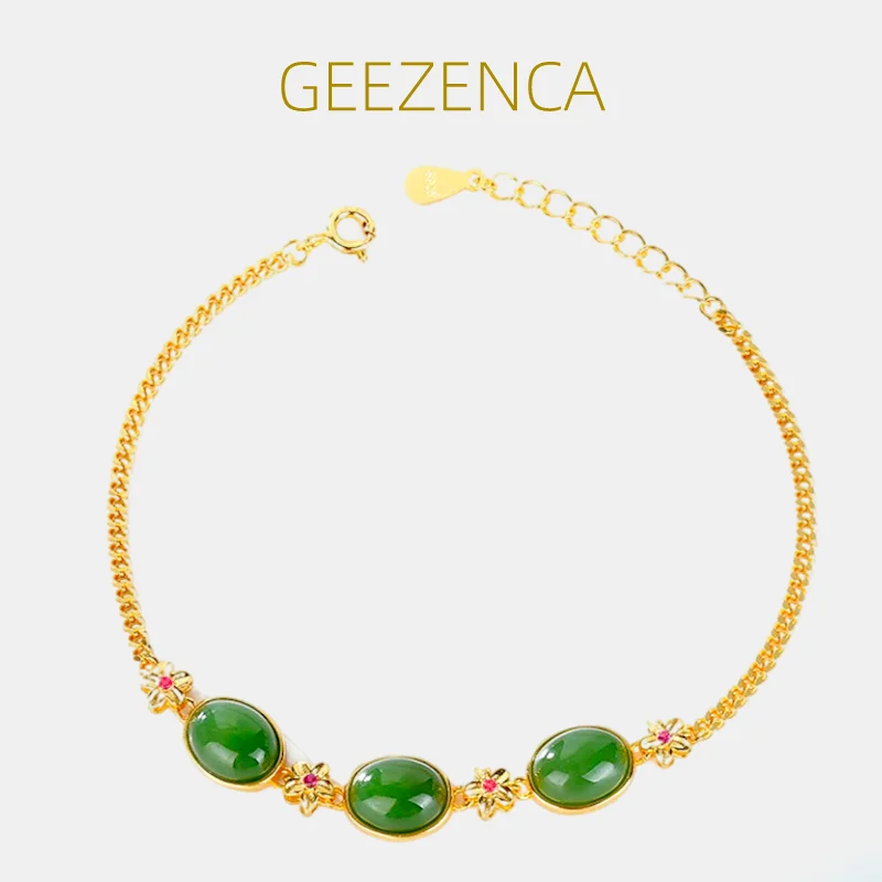 

GEEZENCA Natural Jasper 925 Silver Flower Bracelet Women Green Jade Stone Luxury Simple Chain Bracelets Fine Jewel 2023 New Gift