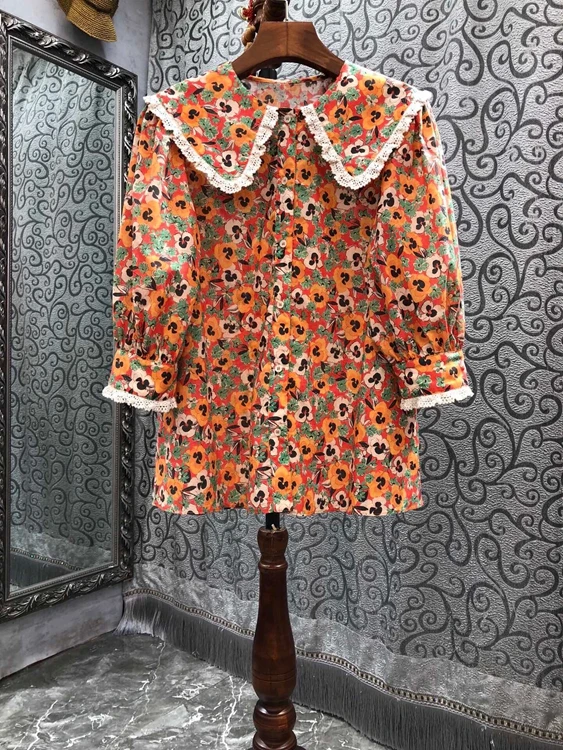 

2022 new women Fashion Bubble Long Sleeve Sexy Lace Trim Doll Collar Print Straight Shirt Versatile Top 722