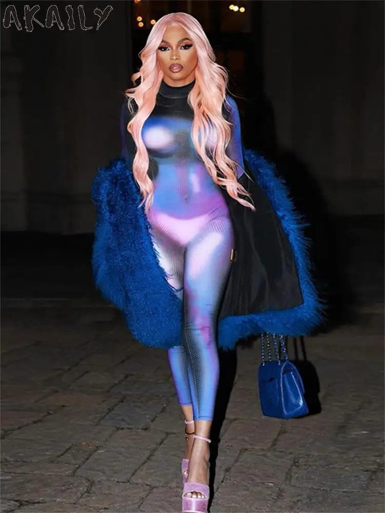 

Осенний черный комбинезон Akaily с 3D принтом, женская уличная одежда, цельный повседневный наряд 2022, Облегающий комбинезон с круглым вырезом и ...