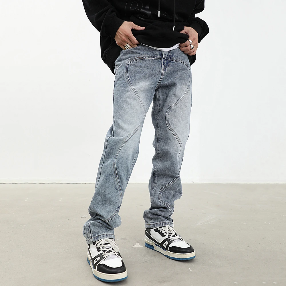Men's Jeans Retro Solid Color Stitching Straight Jeans Y2k Men's Pants Fashion Men's Fashion Jeans Pants Boyfriend Jeans Casual