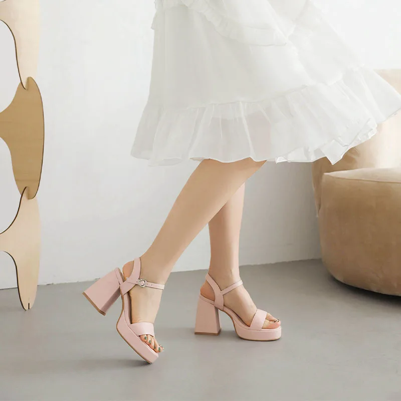 Summer Women Sandals Classic Female Black Pink White Party Shoes High Heels 9cm Ankle Strap Shoes Peep-toe Open Toe Buckle Shoes