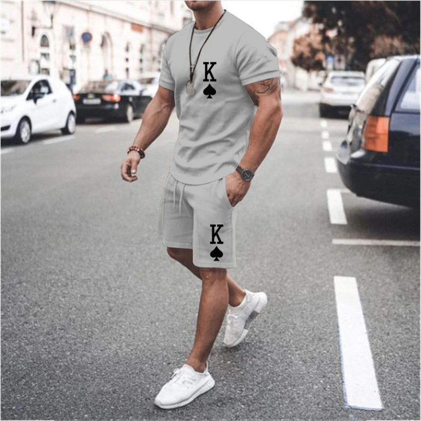 New in Men's Sets Tracksuit Cotton T-shirt Pant Sets Solid Color Simple O-neck Men Sportswear K Letter Shorts 2-piece Sut