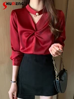 satin fashion long sleeve blouse feminina elegance shirt for women 2022 spring new korean style v neck top female blusas mujer