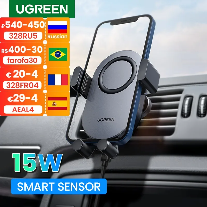 

[Новинка] автомобильное беспроводное зарядное устройство Ugreen 15 Вт Qi для iPhone 13 12 Samsung S20, автомобильный держатель для телефона с умным датчико...