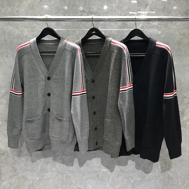 

TB BROWIN Women Cardigan Wool V-Neck Slim Striped Warm Soft Knitted Outerwear Men Cardigan Korean Design New Fashion Cloth