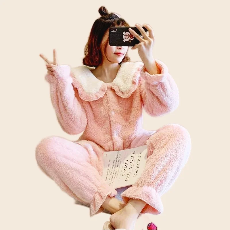 

Women's Pajamas Set Winter Warm Princess Neck Pink Pyjama Homewear Cozy Flannel Sleepwear Mom Big Size Tops Long Pants 2PCS/Set