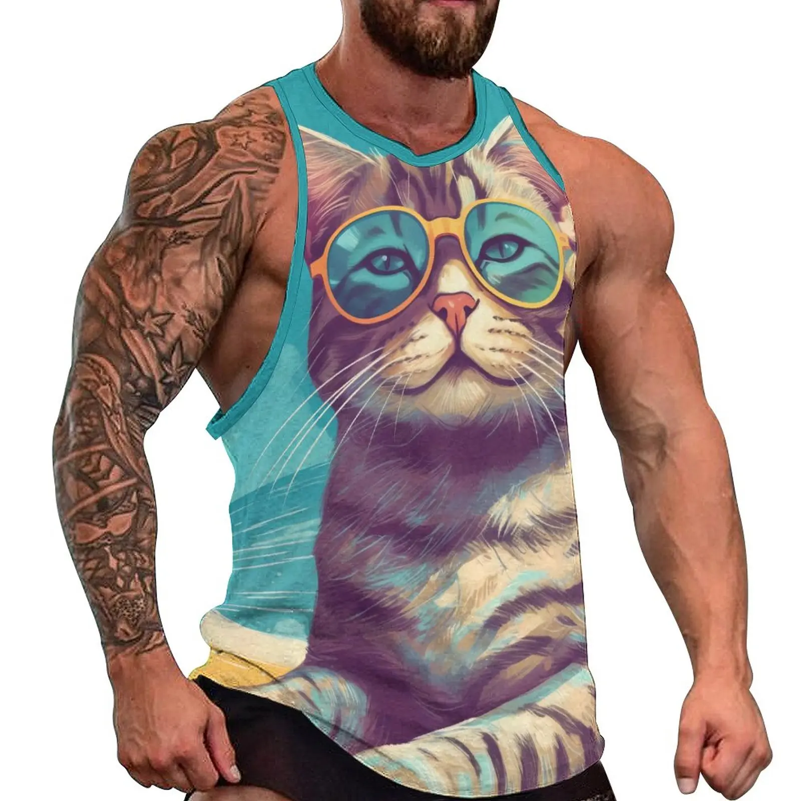 

Cat Tank Top Men Sunny Beach Sunglasses Tops Beach Design Workout Vintage Oversize Sleeveless Vests