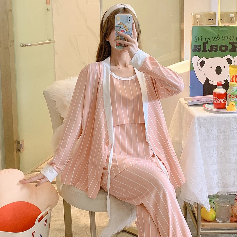

3PCS Set Striped Cotton Maternity Nursing Sleepwear Spring Autumn Pajamas Suits Clothes for Pregnant Women Pregnancy Home Sleep