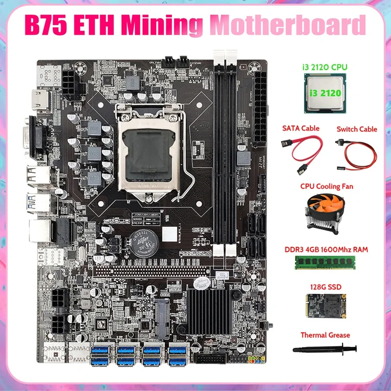 

B75 BTC Mining Motherboard 8XUSB3.0+I3 2120 CPU+DDR3 4GB RAM+128G SSD+Fan+SATA Cable+Switch Cable+Thermal Grease