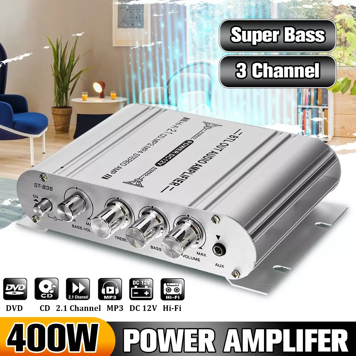 

2.1CH 40W 2x20W Digital Car Power Amplifier Hi-Fi Stereo Bass Amplifier Audio Support Connection of 2 speakers And a Subwoofer