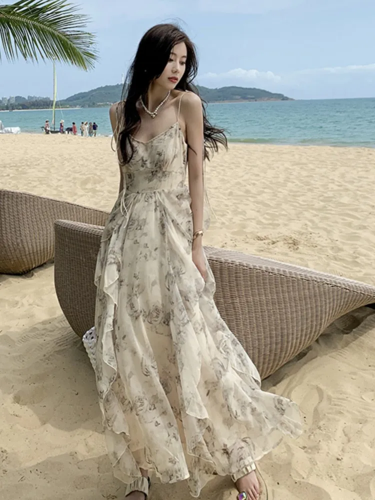 

Женское шифоновое платье на бретельках, винтажное ТРАПЕЦИЕВИДНОЕ ПЛАТЬЕ с цветочным принтом, V-образным вырезом и оборками в Корейском стил...