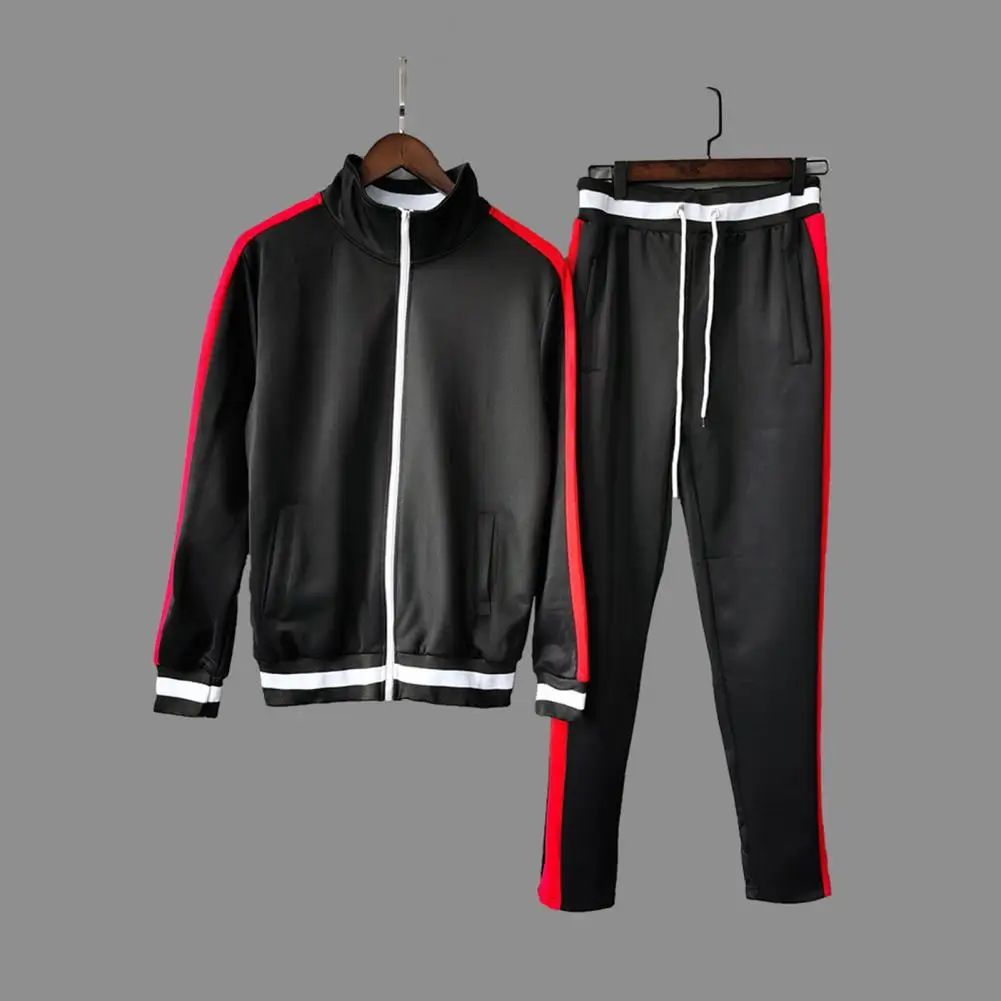 

2Pcs/Set Stand Collar Long Sleeve Male Sweatsuit Multi Pockets Zipper Placket Jacket Sweatpants Set Striped Patchwork Tracksuit