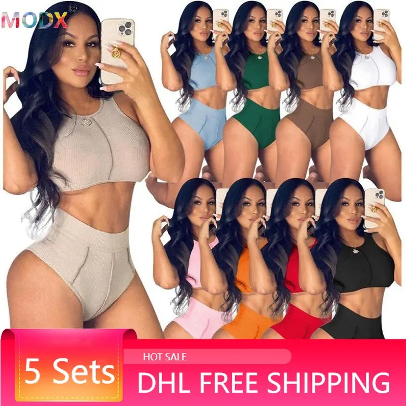 

5 Sets Bulk Wholesale Ribbed 2 Piece Sets Solid Color Women‘s Summer Homewear Pit Strip Elastic Crop Top High Waist Shorts 7451