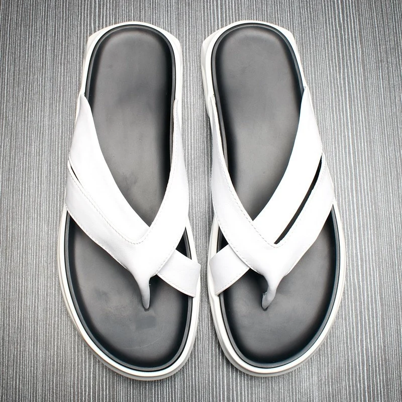 Flip-flops Men White Fashion Slippers Korean Style Outdoor 100% Genuine Leather Sandals Summer Casual Beach Shoes 45