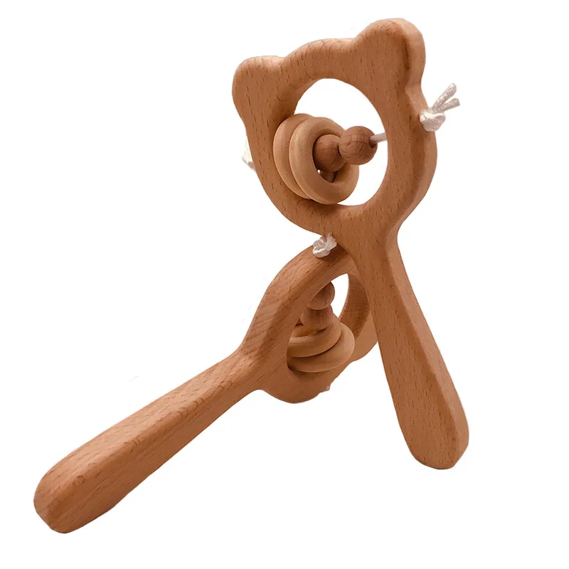 

Baby Toys Wooden Rattle Beech Bear Hand Teething Wooden Ring Baby Rattles Play Gym Montessori Stroller Educational Teether Toy