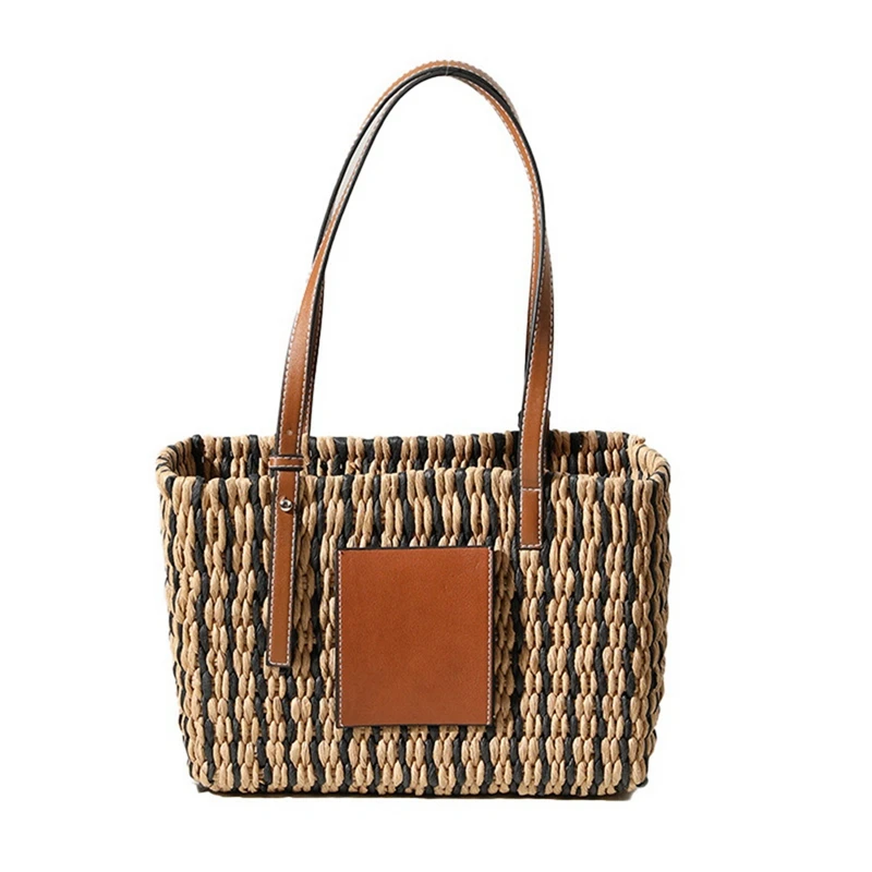 

Fashion Pu Splice Straw Bags For Women Striped Woven Women Handbag Paper Rope Braided Shoulder Bag Beach Tote Bag
