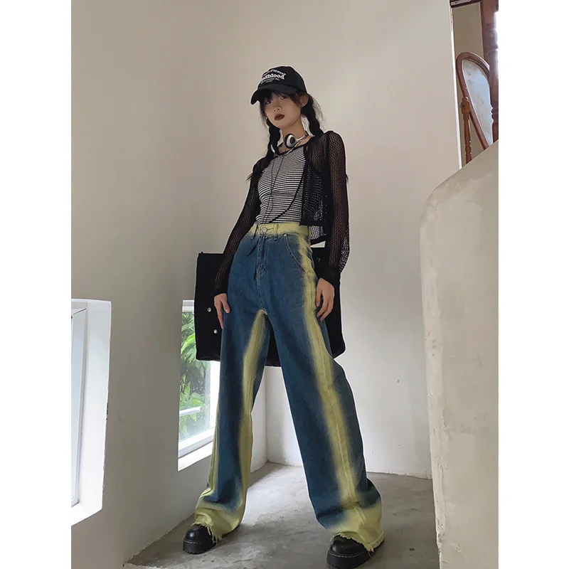 

2023Casual slim-fit pants, Womens Jeans High Waist Vintage Straight Baggy Pants,Design Streetwear Gradient Color Hip Hop Summe