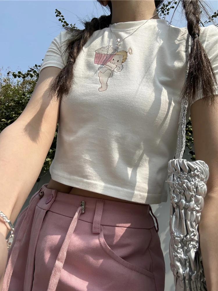 

Korean Simple Cute Angel Print Graphic Tshirt Women O Neck Short Sleeve Slim Fit Aesthetic Tees Summer 2023 Harajuku Y2K Tops