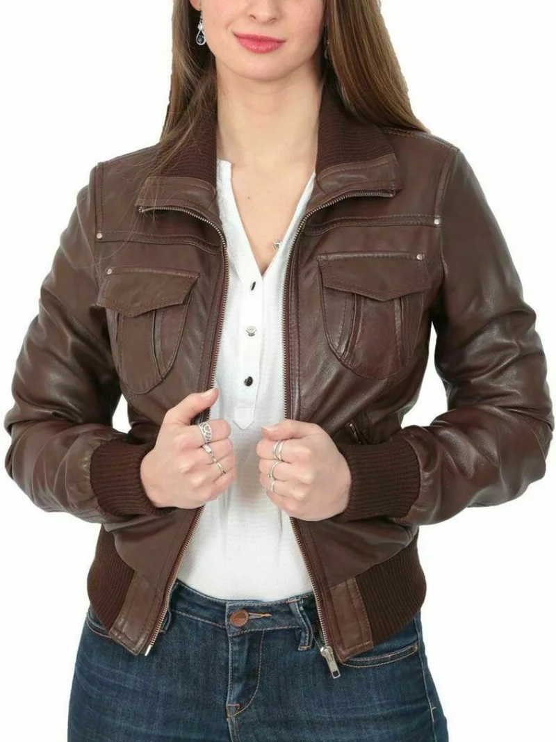 Women Leather Jacket  Zip Up Slim Fit Bomber Bike Real Leather Coat