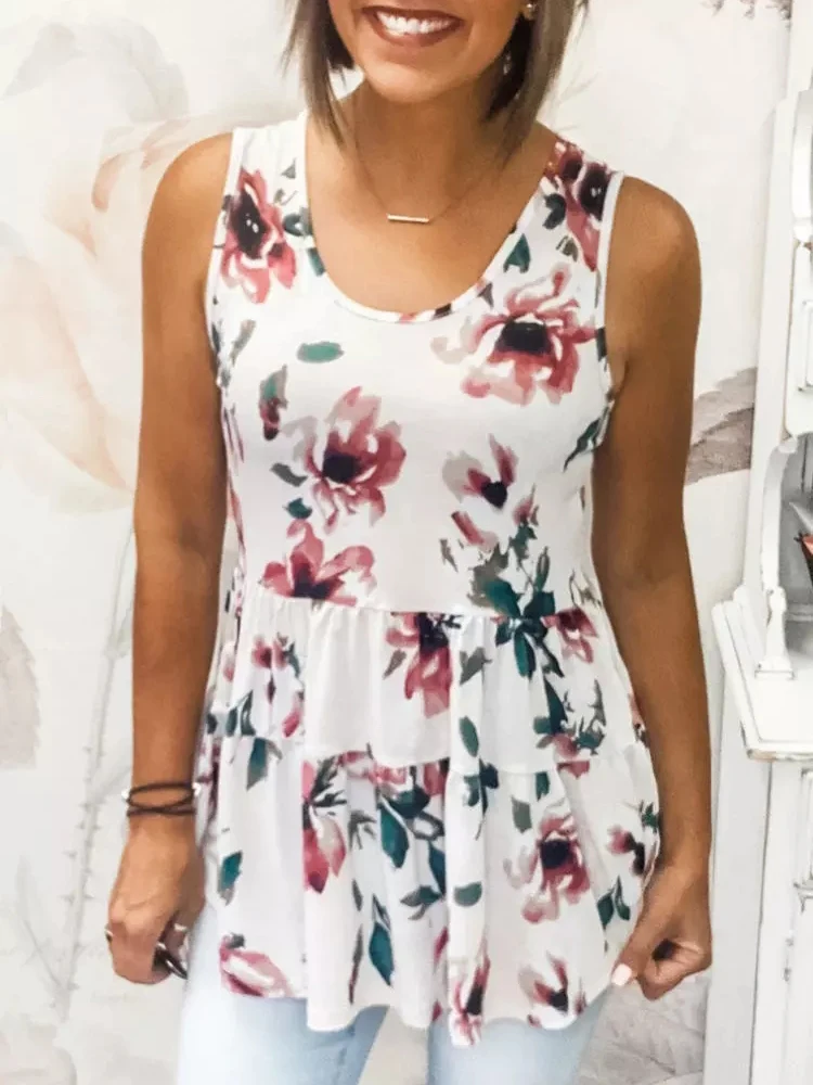 

Floral Loose Belly Vest Tank Tops Women Sleeveless O-Neck Femme Clothes Ladies Casual Ruffles Elegant Tops 2022 Summer