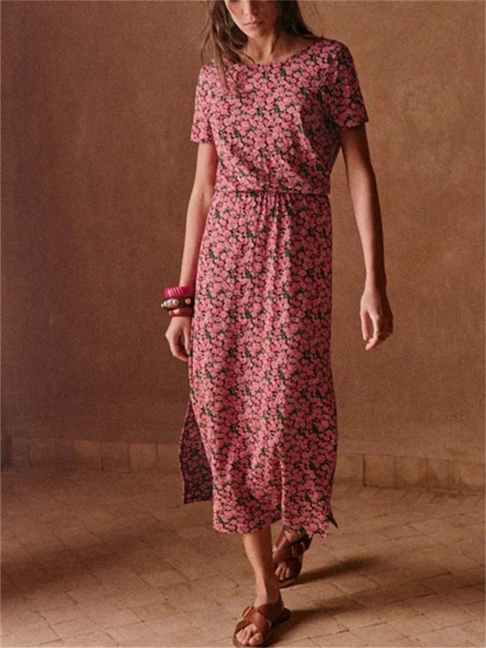 Women Pink Floral Print Midi Dress Backless Slit Elastic High Waist Elegant Female Robes 2023 Summer