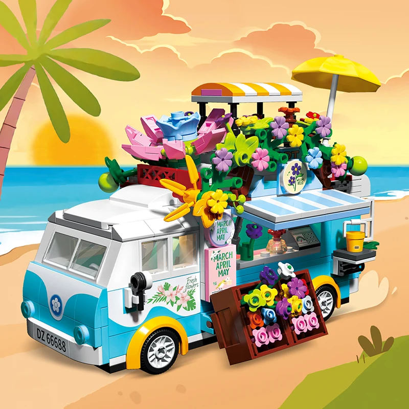 

City Creative Amusement Park Flower Selling Car Station Wagon Picnic Car Micro Building Blocks Bricks Toys Gifts