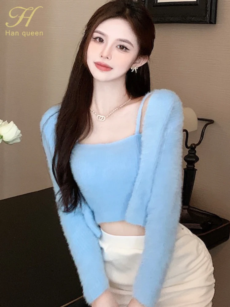 

Женский вязаный кардиган H Han Queen, мягкий плюшевый свитер из меха норки из двух предметов, базовый Кардиган с длинным рукавом, короткие свитер...