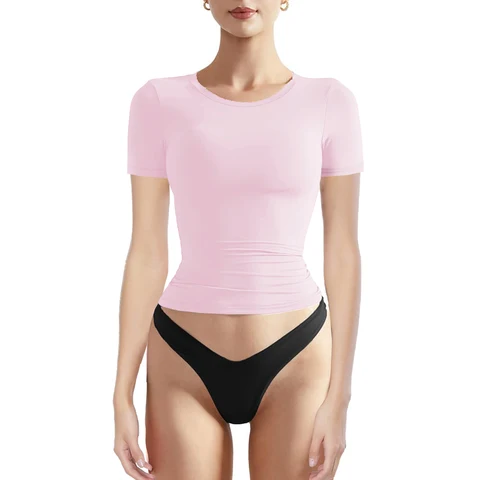 Y2k выходные топы, Женская Базовая облегающая футболка с двойной подкладкой, сексуальная укороченная футболка с коротким рукавом и круглым вырезом