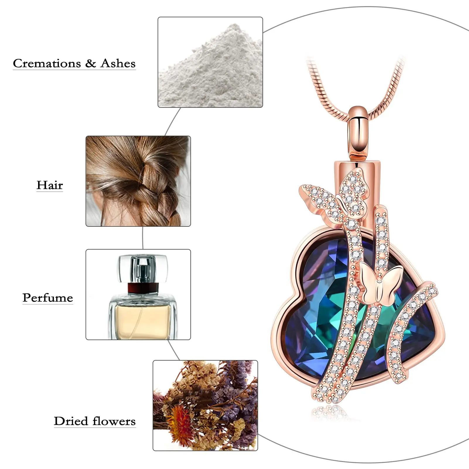 Butterfly Heart Shape Urn Necklaces for Ashes Cremation Jewelry Women Stainless Steel Birthstone Crystals Memorial Pendant